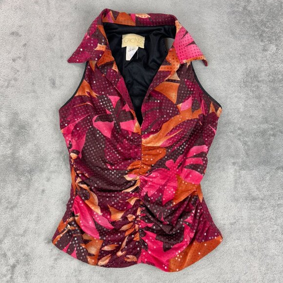 Vintage Cache Sequins Paillettes Ruched Floral Top Y2K Sleeveless Collared USA - Picture 4 of 9